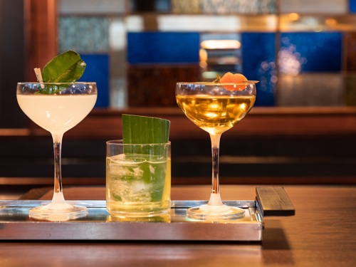 A selection of alcoholic and alcohol-free cocktails and drinks made at The Lowback bar at Hawksmoor Wood Wharf