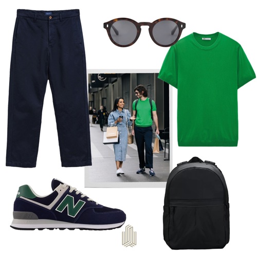 Clothing flat lay examples of style with black trousers and green t-shirt