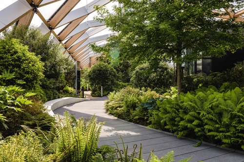 Award-winning Crossrail Place Roof Garden open air space for reading, walking and events in Canary Wharf